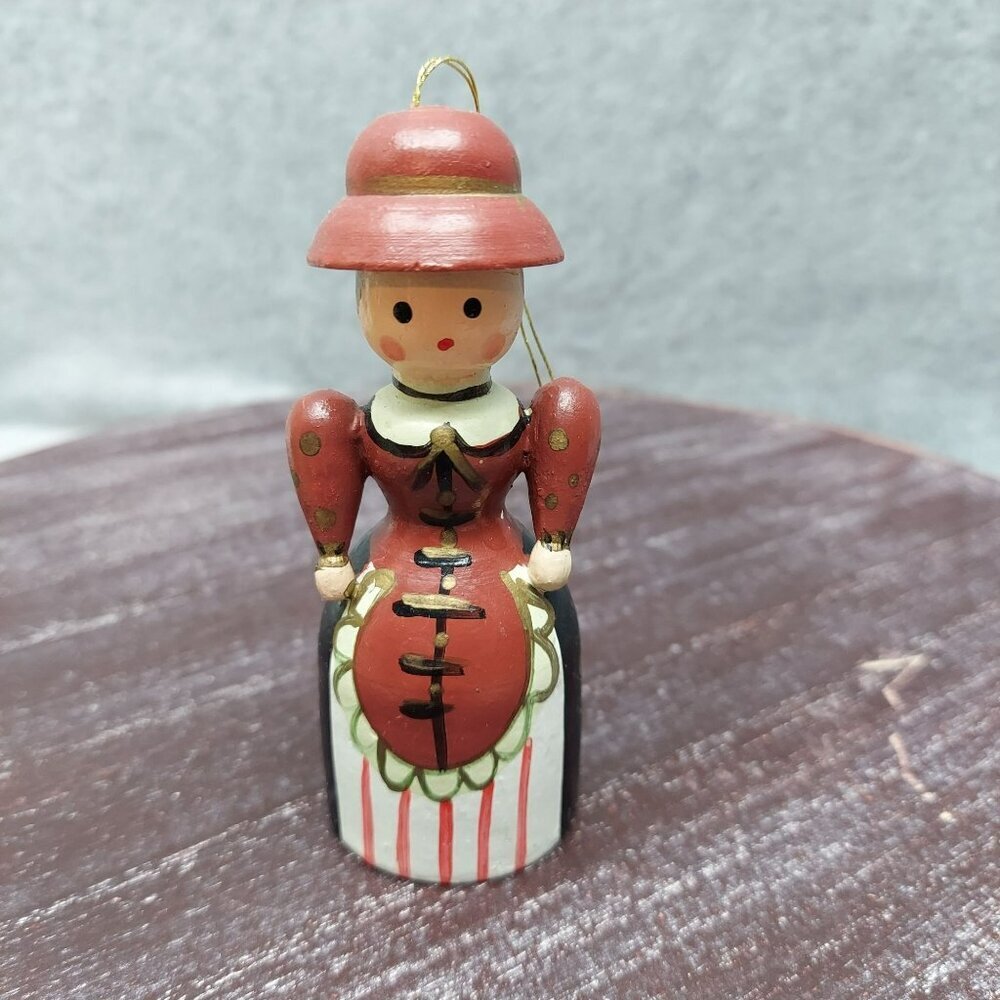 Vintage Hand-Painted Wooden Lady Figurine Christmas Ornament 4 Inches Tall Red &